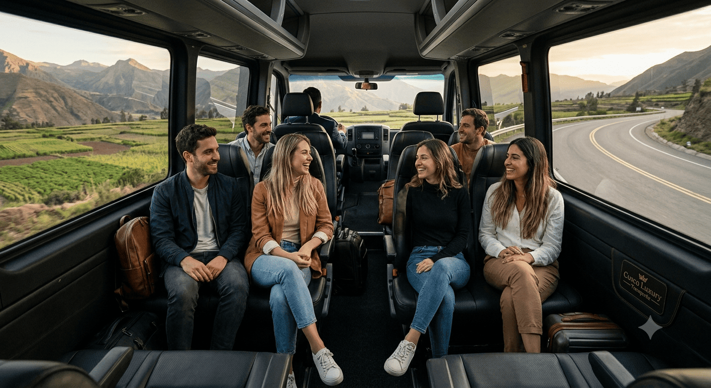 Travelers enjoying a comfortable private luxury transport ride through the Sacred Valley in Cusco Peru