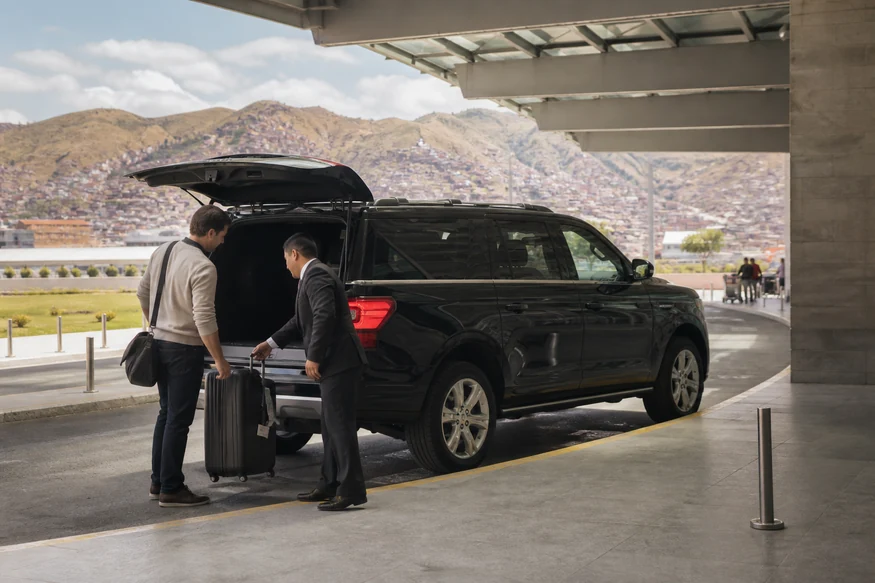 Private driver assisting a traveler at Cusco Airport before a city hotel transfer