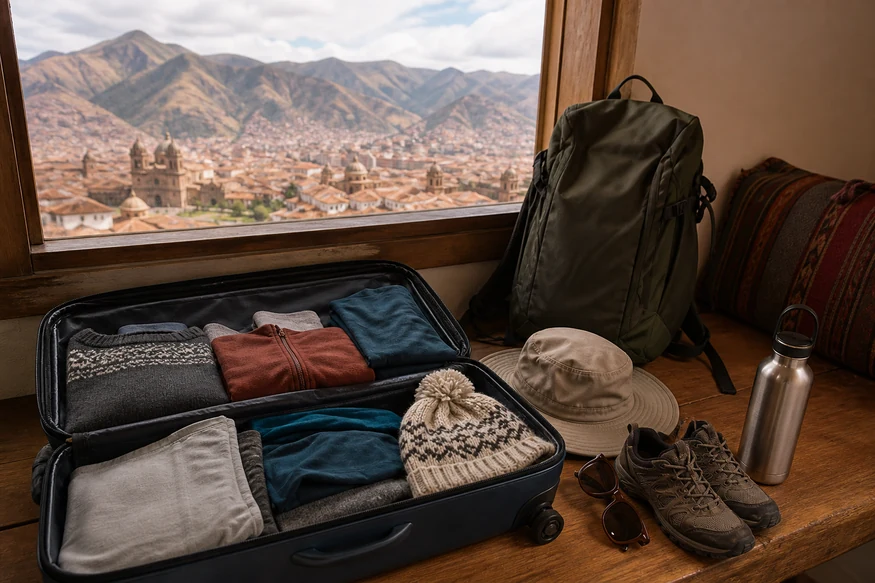 Open suitcase with layered clothing and travel gear overlooking Cusco