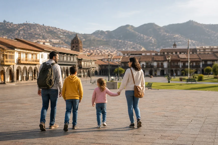 Family with two children exploring a spacious plaza in historic Cusco