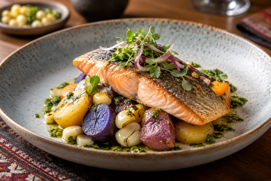 Contemporary Peruvian dish made with native Andean ingredients at a Cusco restaurant