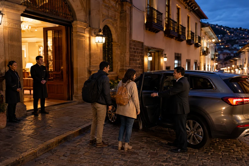 Professional driver collecting travelers outside a well-lit hotel in historic Cusco at night