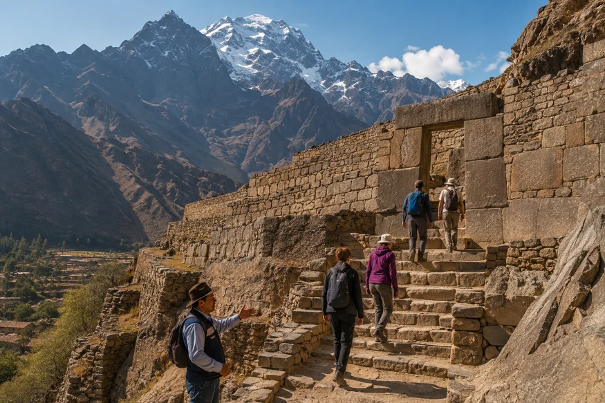 Travelers and guide climbing the Inca terraces at Ollantaytambo in the Sacred Valley