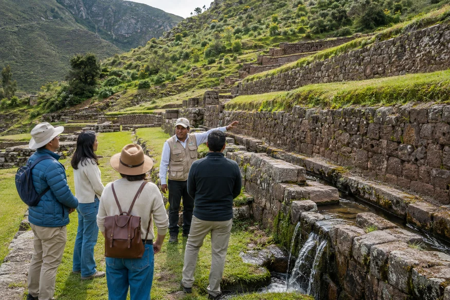 Guide explaining the Inca water terraces at Tipon in the Cusco South Valley
