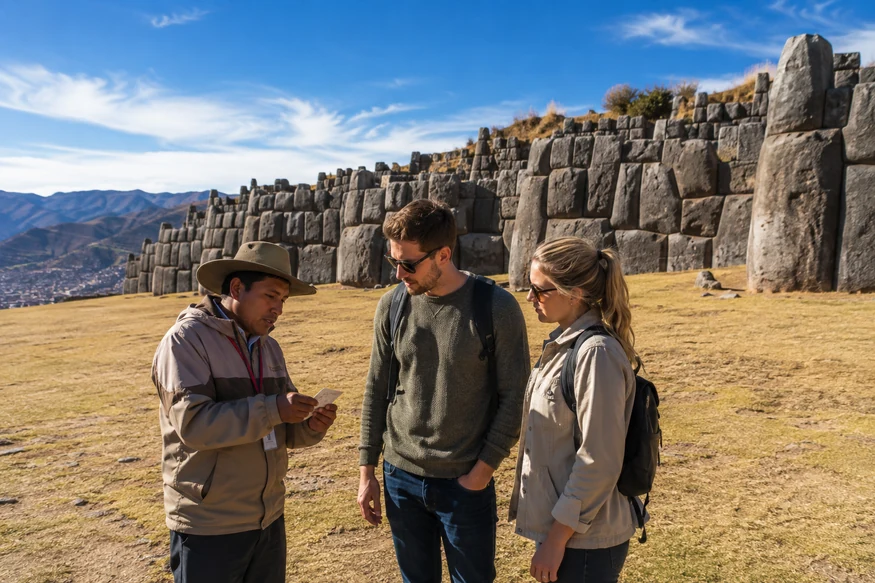 Travelers presenting their Cusco Tourist Ticket with a guide at Sacsayhuaman