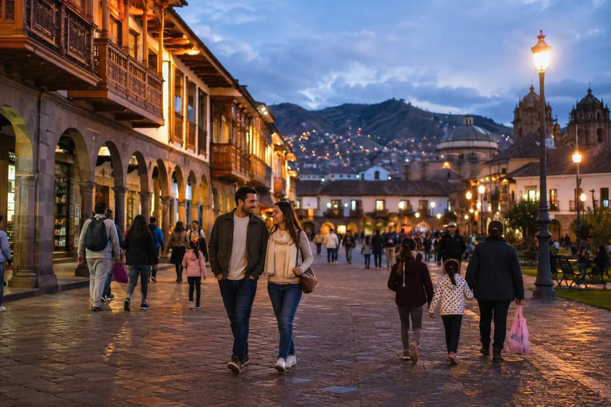 Travelers walking through the well-lit historic center of Cusco in the early evening