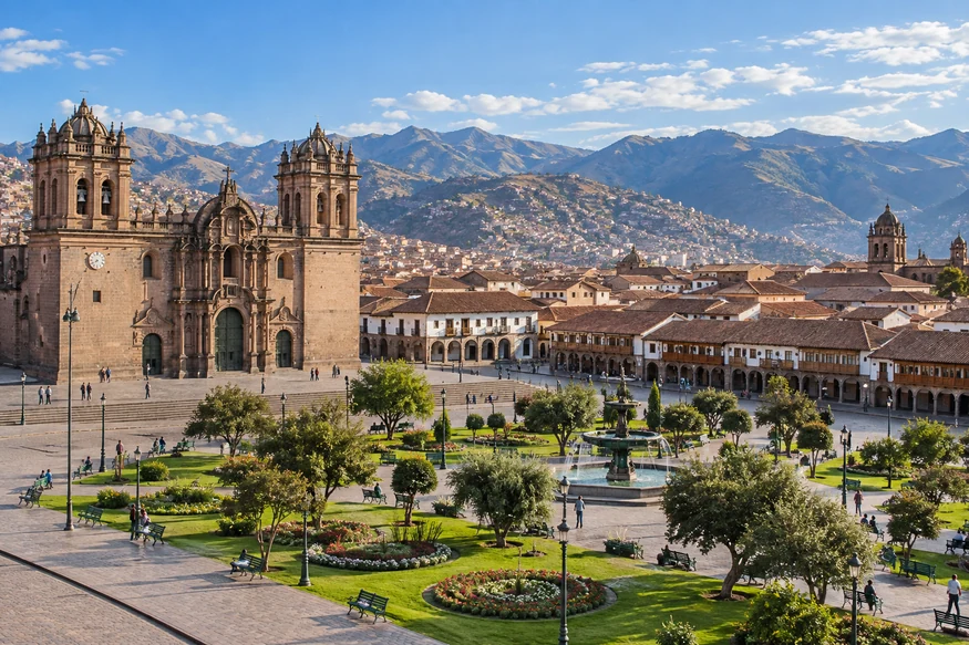 Plaza de Armas Cusco with gardens and cathedral beneath the Andes