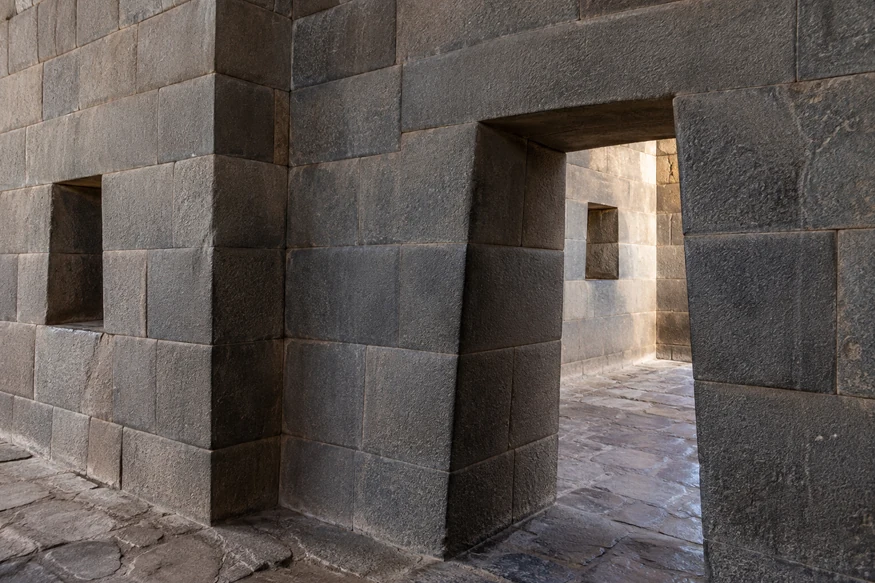 Precisely fitted Inca stone walls and doorway at Qorikancha Cusco