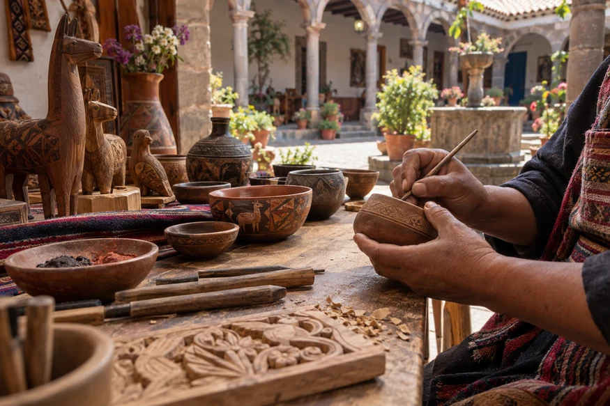 Handmade ceramics and traditional crafts inside an artisan workshop in San Blas Cusco