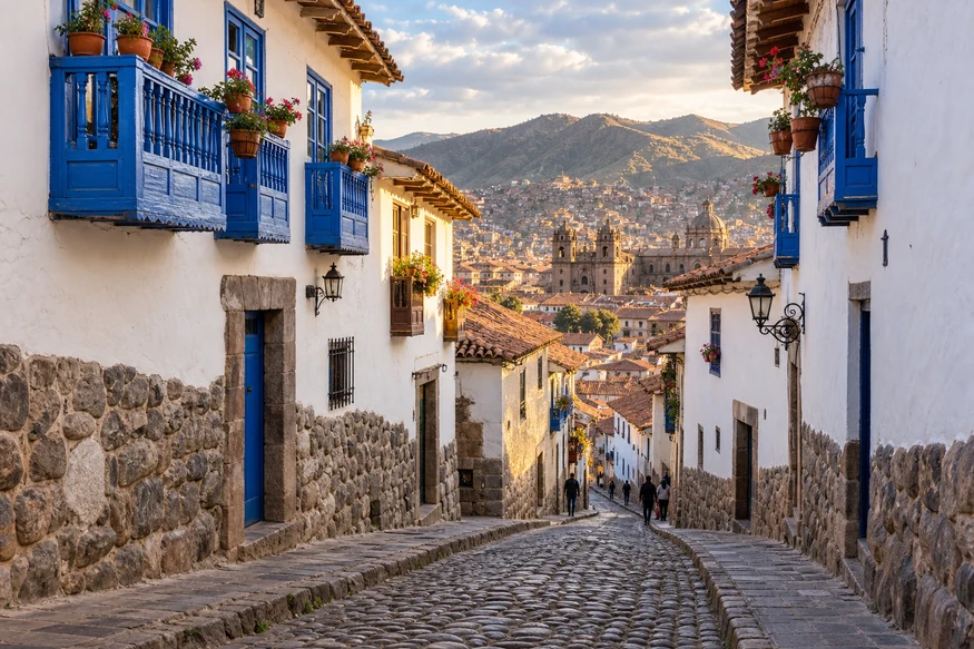 Steep cobblestone street and colonial houses in San Blas neighborhood Cusco